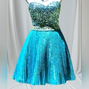 Sheri Hill Sequin Party Dress | Lace Crystal Covered Teal Strapless Dress Size 8